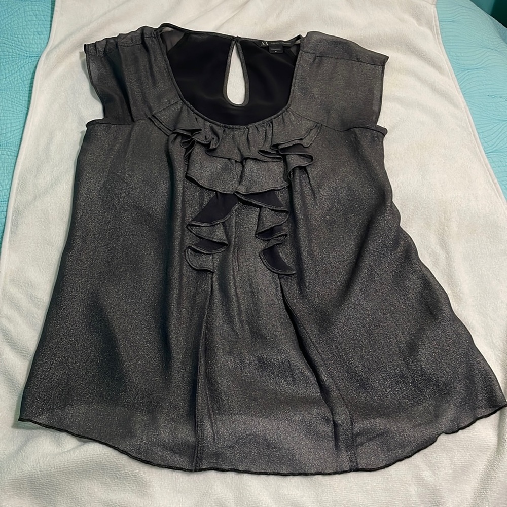 Armani Exchange Metallic Silk Top with Ruffles